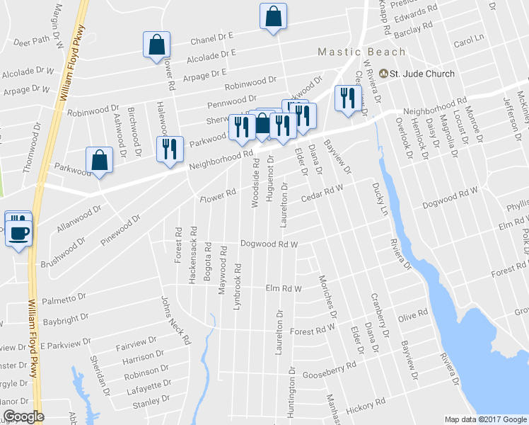 map of restaurants, bars, coffee shops, grocery stores, and more near 170 Huguenot Drive in Mastic Beach