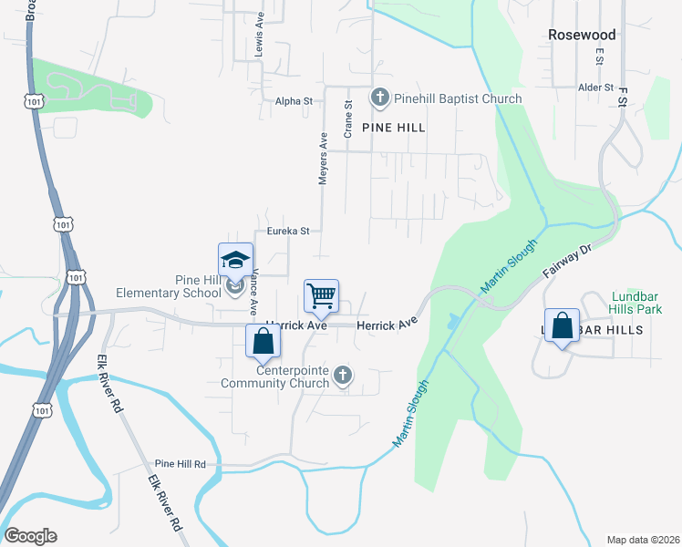 map of restaurants, bars, coffee shops, grocery stores, and more near 5127 Meyers Avenue in Eureka
