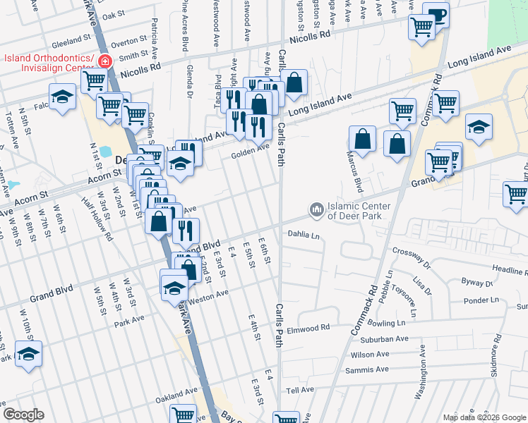 map of restaurants, bars, coffee shops, grocery stores, and more near 90 East 7th Street in Deer Park