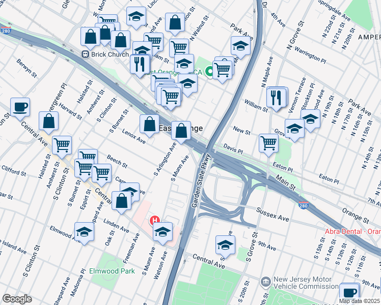 map of restaurants, bars, coffee shops, grocery stores, and more near Freeway Dr E & S Munn Ave in East Orange