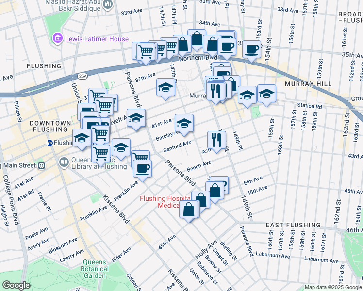 map of restaurants, bars, coffee shops, grocery stores, and more near 144-80 Sanford Avenue in Queens