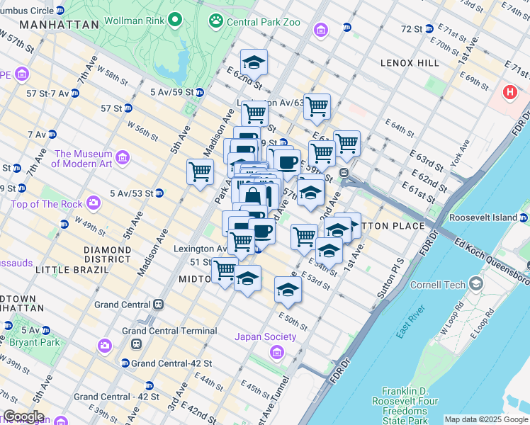 map of restaurants, bars, coffee shops, grocery stores, and more near in New York