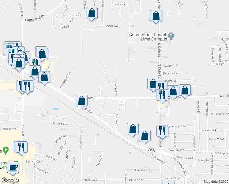 map of restaurants, bars, coffee shops, grocery stores, and more near 1709 Camp Avenue in Lima