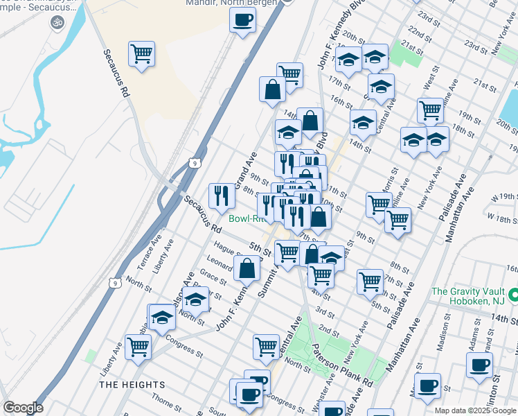 map of restaurants, bars, coffee shops, grocery stores, and more near 1212 7th Street in North Bergen