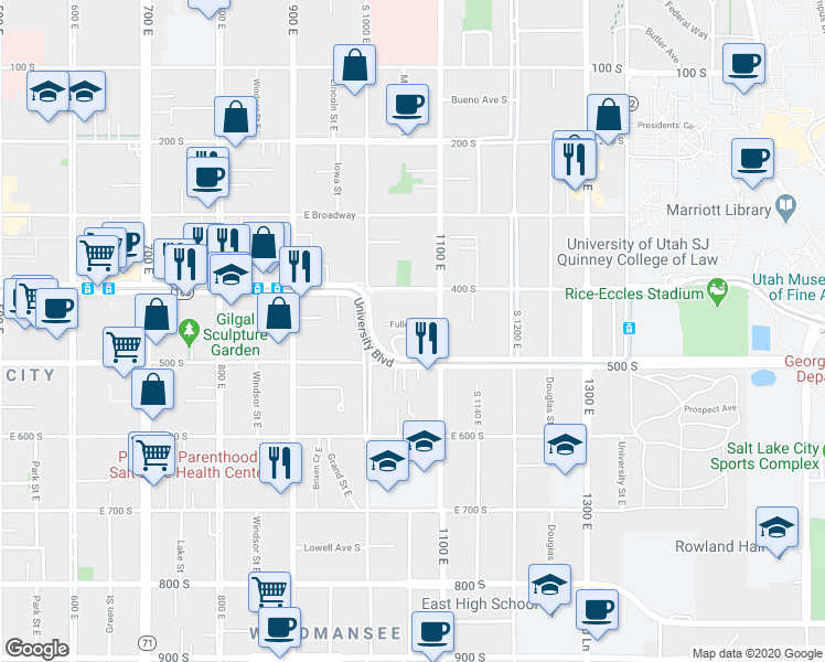 map of restaurants, bars, coffee shops, grocery stores, and more near 1043 Barbara Place East in Salt Lake City