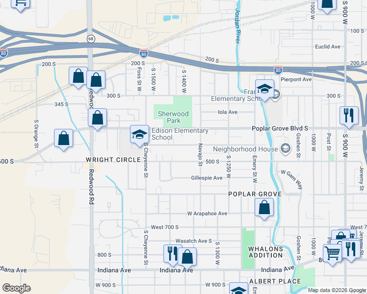 map of restaurants, bars, coffee shops, grocery stores, and more near 1403 Pacific Avenue South in Salt Lake City