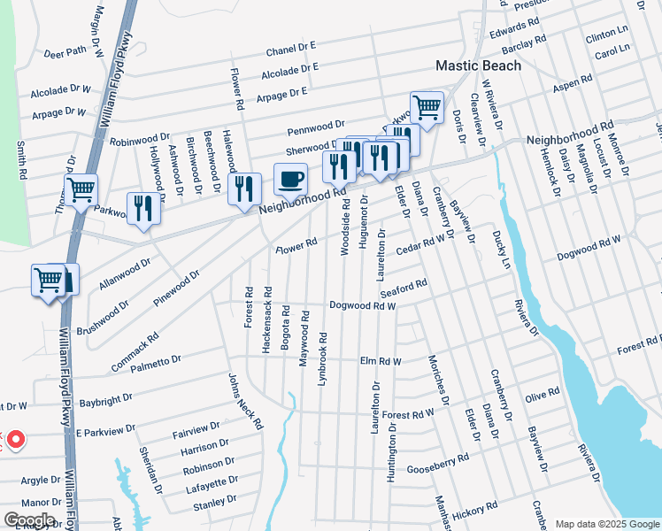 map of restaurants, bars, coffee shops, grocery stores, and more near 174 Lynbrook Drive in Mastic Beach