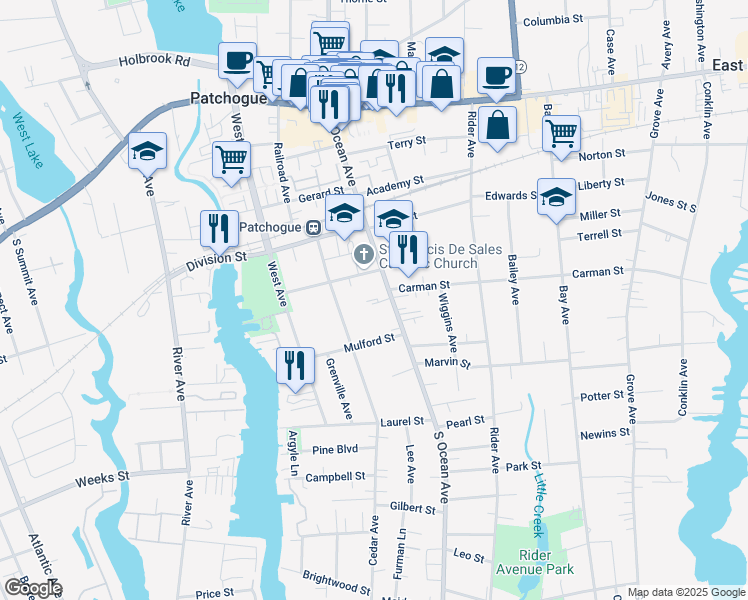 map of restaurants, bars, coffee shops, grocery stores, and more near 276 South Ocean Avenue in Patchogue