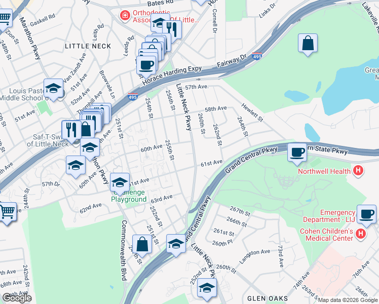 map of restaurants, bars, coffee shops, grocery stores, and more near 60-24 Little Neck Parkway in Queens
