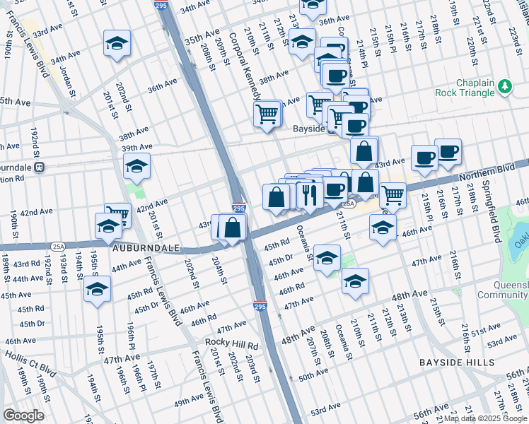 map of restaurants, bars, coffee shops, grocery stores, and more near 207-20 43rd Avenue in Queens