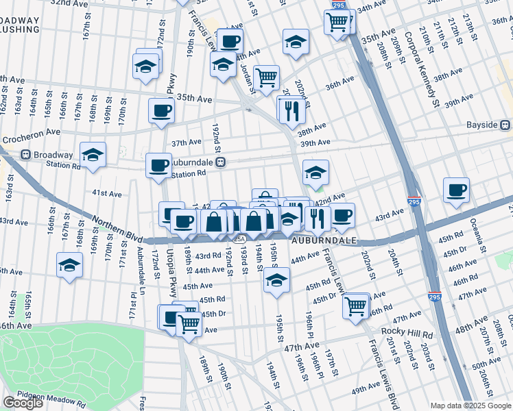 map of restaurants, bars, coffee shops, grocery stores, and more near 42-06 194th Street in Queens