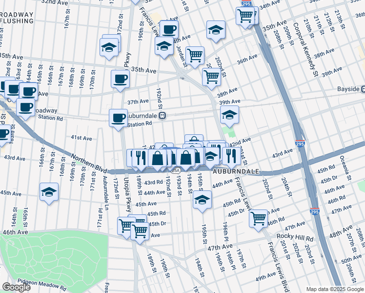 map of restaurants, bars, coffee shops, grocery stores, and more near 42-06 194th Street in Queens