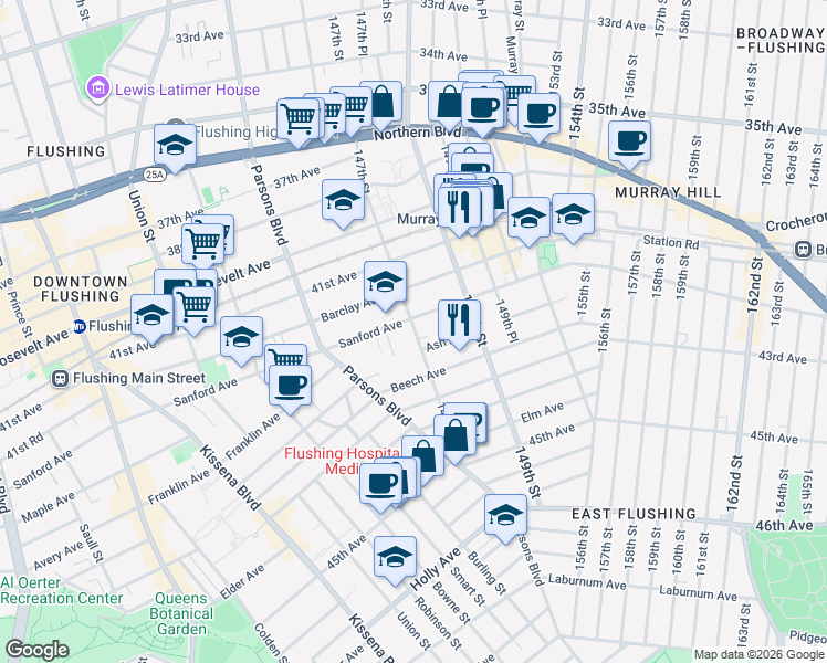 map of restaurants, bars, coffee shops, grocery stores, and more near 147-14 Sanford Avenue in Queens
