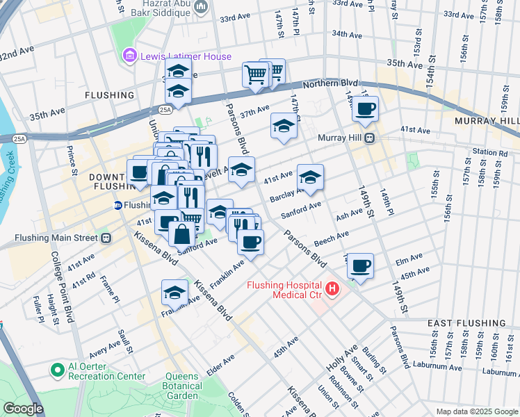 map of restaurants, bars, coffee shops, grocery stores, and more near in Queens
