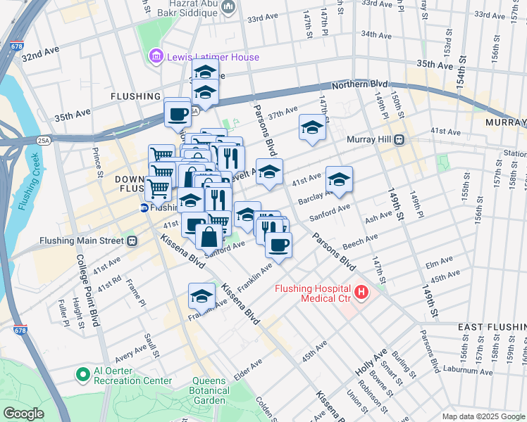 map of restaurants, bars, coffee shops, grocery stores, and more near 143-29 Barclay Avenue in Queens
