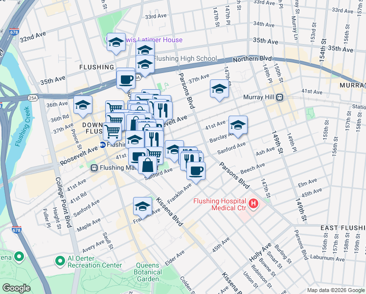 map of restaurants, bars, coffee shops, grocery stores, and more near 143-29 Barclay Avenue in Queens