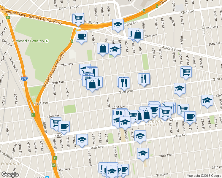 map of restaurants, bars, coffee shops, grocery stores, and more near 30-49 79th Street in Queens