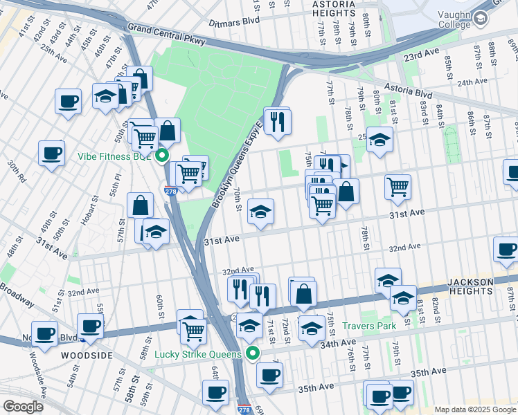 map of restaurants, bars, coffee shops, grocery stores, and more near 30-18 72nd Street in Queens