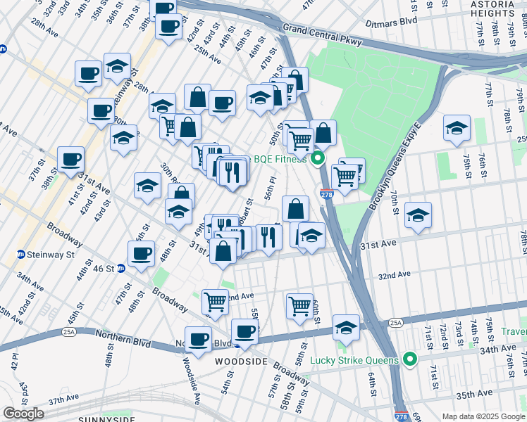 map of restaurants, bars, coffee shops, grocery stores, and more near 51-40 30th Avenue in Queens