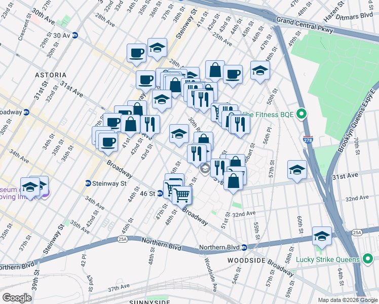 map of restaurants, bars, coffee shops, grocery stores, and more near 30-76 47th Street in Queens