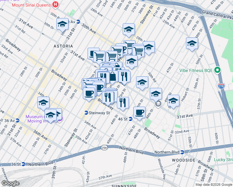 map of restaurants, bars, coffee shops, grocery stores, and more near 31-30 43rd Street in Queens