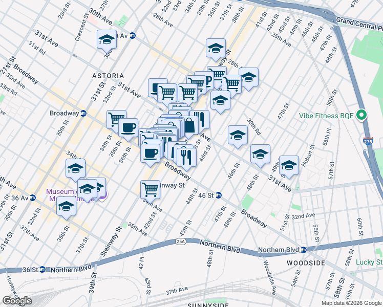 map of restaurants, bars, coffee shops, grocery stores, and more near 31-49 41st Street in Queens