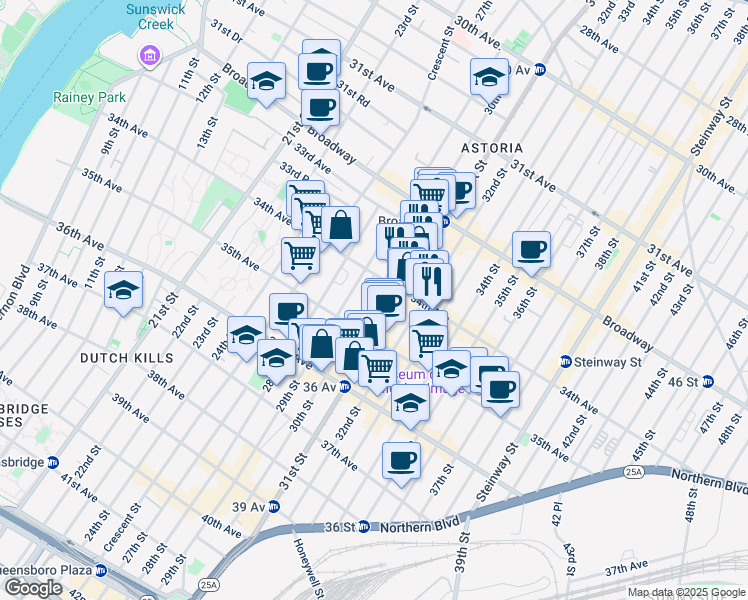 map of restaurants, bars, coffee shops, grocery stores, and more near 34-34 30th Street in Queens