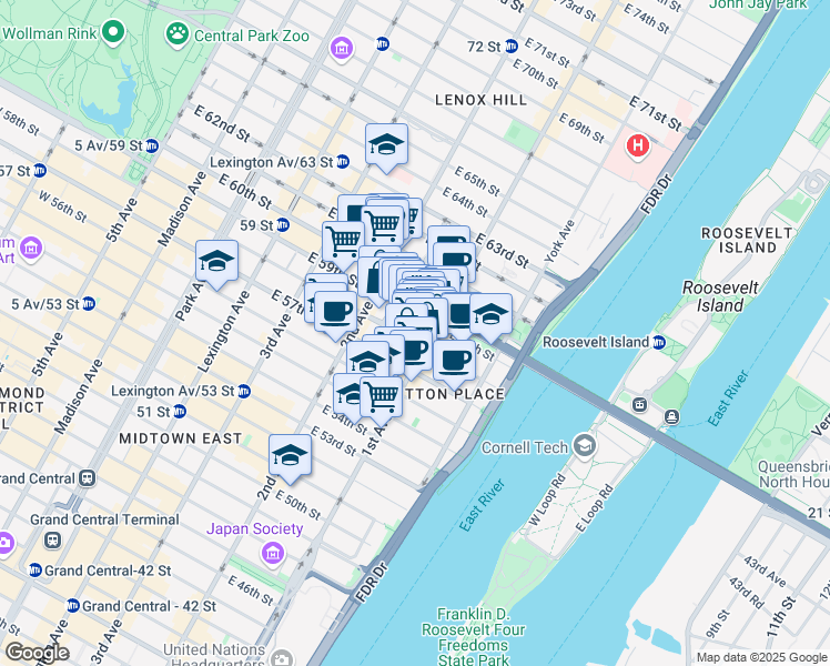 map of restaurants, bars, coffee shops, grocery stores, and more near 331 East 58th Street in New York