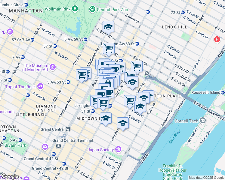 map of restaurants, bars, coffee shops, grocery stores, and more near 676 Lexington Avenue in New York