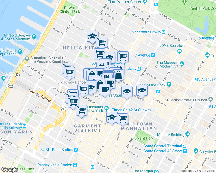 map of restaurants, bars, coffee shops, grocery stores, and more near 305 West 45th Street in New York