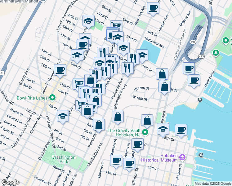 map of restaurants, bars, coffee shops, grocery stores, and more near 1304 Palisade Avenue in Union City