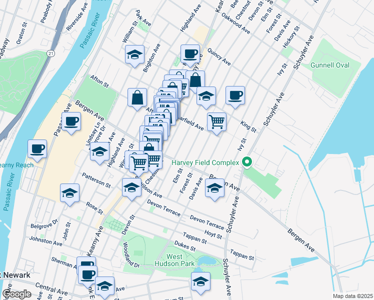 map of restaurants, bars, coffee shops, grocery stores, and more near 266 Devon Street in Kearny