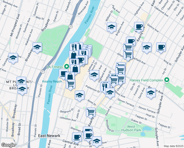 map of restaurants, bars, coffee shops, grocery stores, and more near 208 Belgrove Drive in Kearny