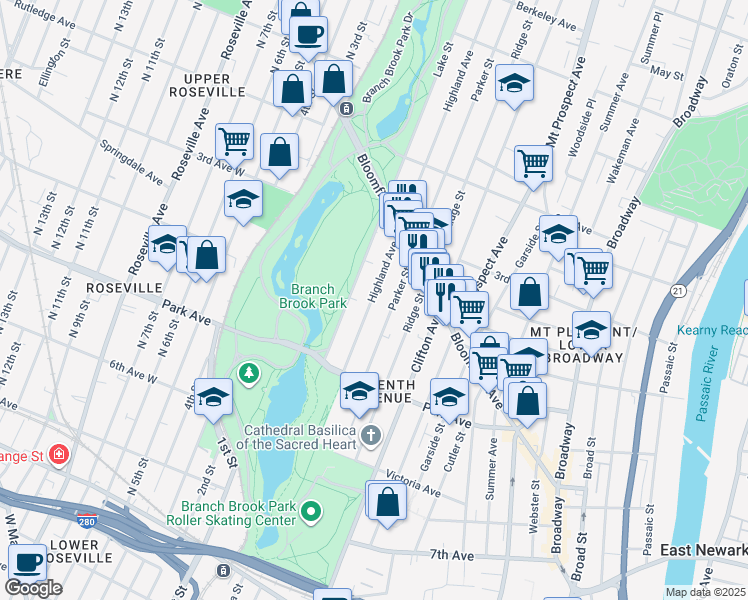 map of restaurants, bars, coffee shops, grocery stores, and more near 79 Highland Avenue in Newark