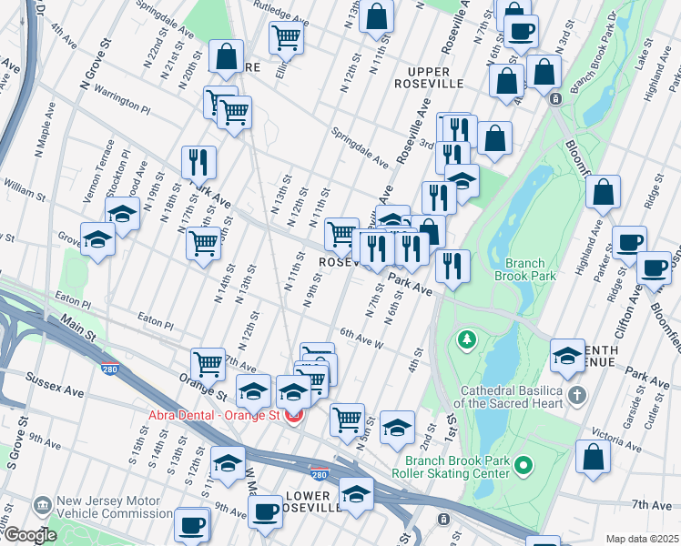 map of restaurants, bars, coffee shops, grocery stores, and more near 246 Roseville Avenue in Newark