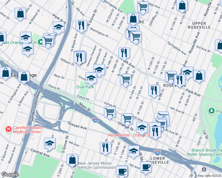 map of restaurants, bars, coffee shops, grocery stores, and more near 100 North 18th Street in East Orange