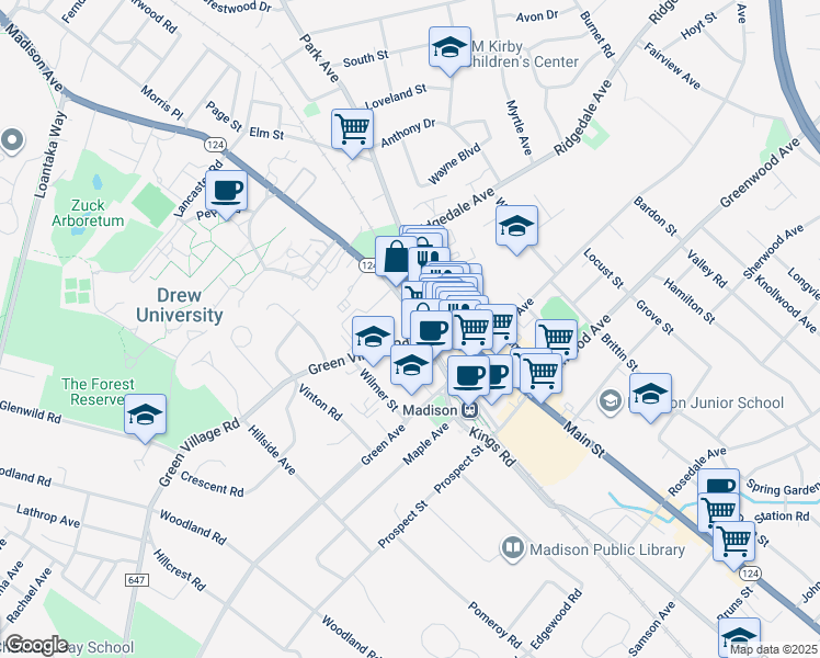 map of restaurants, bars, coffee shops, grocery stores, and more near 14 Kings Road in Madison