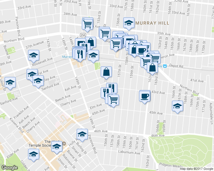 map of restaurants, bars, coffee shops, grocery stores, and more near 155-19 Cherry Avenue in Queens