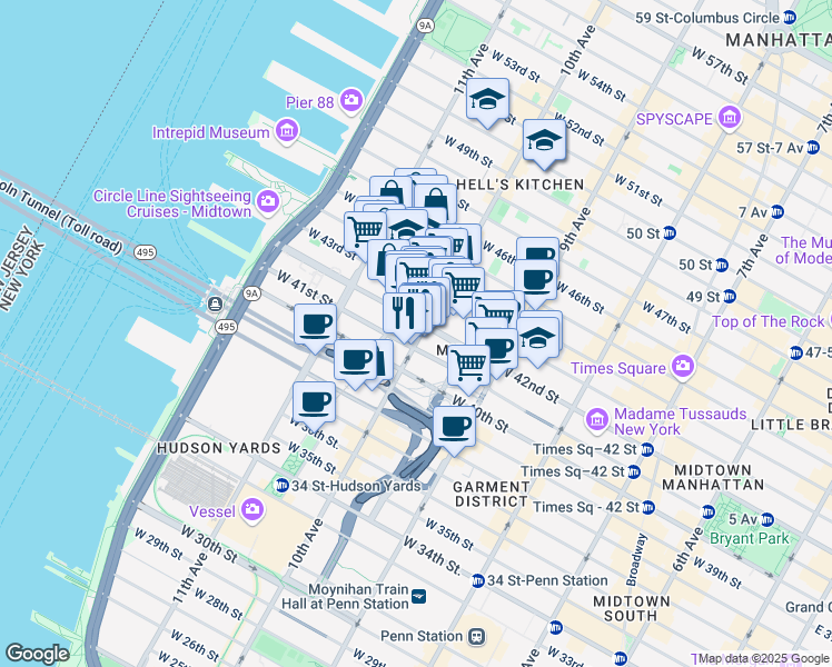 map of restaurants, bars, coffee shops, grocery stores, and more near 561 10th Avenue in New York