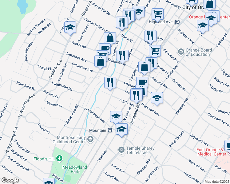 map of restaurants, bars, coffee shops, grocery stores, and more near 721 Valley Street in City of Orange