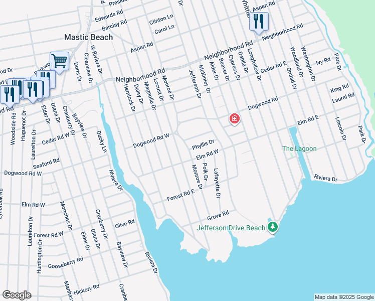 map of restaurants, bars, coffee shops, grocery stores, and more near 17 Phyllis Drive in Mastic Beach