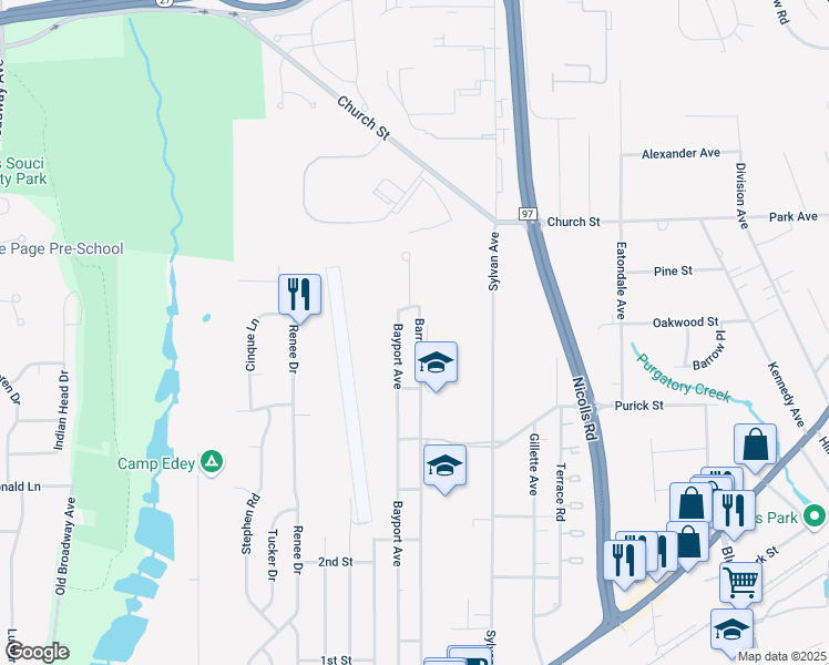 map of restaurants, bars, coffee shops, grocery stores, and more near 222 Barrett Avenue in Bayport