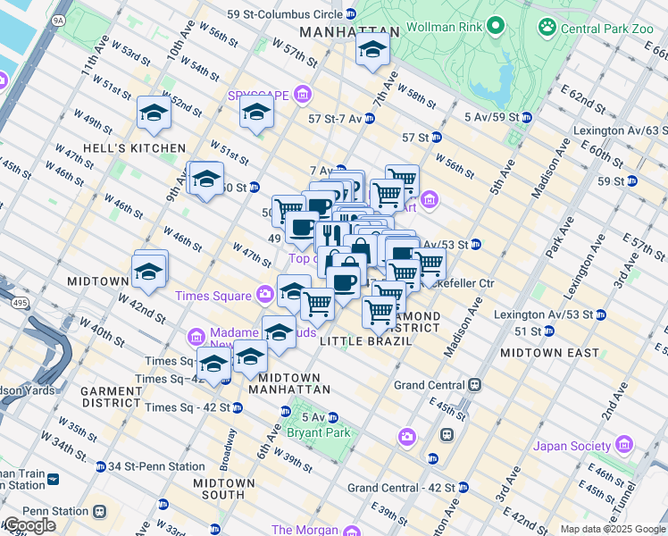 map of restaurants, bars, coffee shops, grocery stores, and more near 1221 Avenue of the Americas in New York