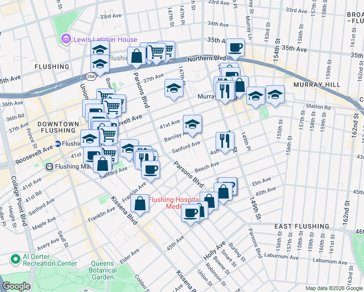 map of restaurants, bars, coffee shops, grocery stores, and more near 144-39 Sanford Avenue in Queens