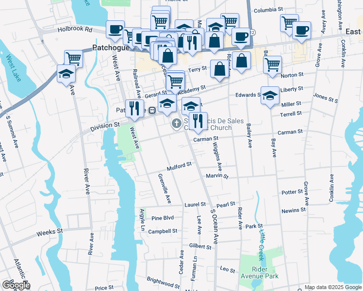 map of restaurants, bars, coffee shops, grocery stores, and more near 276 South Ocean Avenue in Patchogue