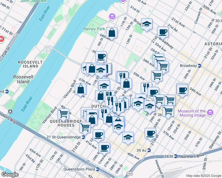 map of restaurants, bars, coffee shops, grocery stores, and more near 36-28 14th Street in Queens