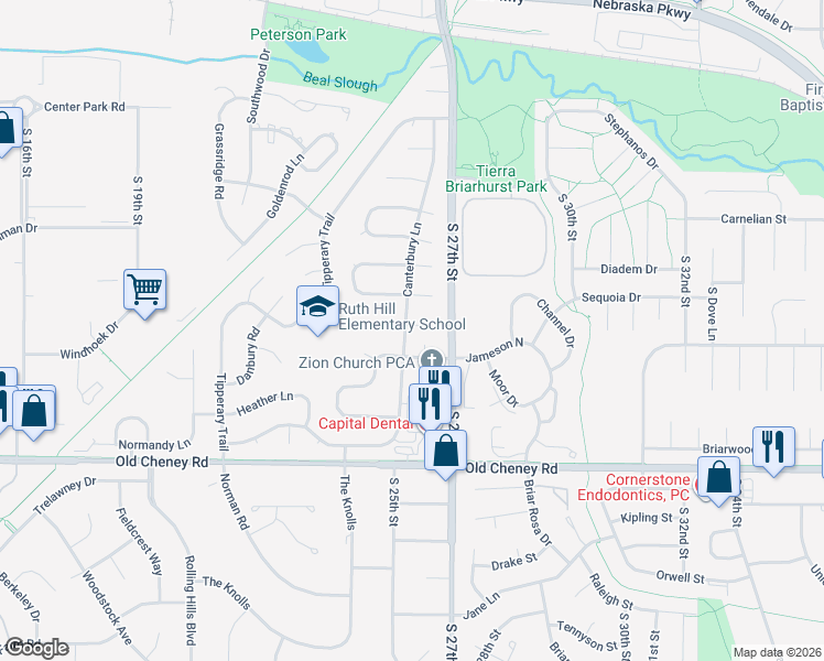 map of restaurants, bars, coffee shops, grocery stores, and more near 2601 Surrey Court in Lincoln