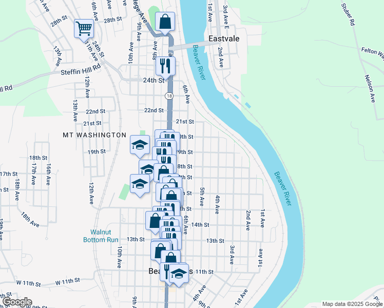 map of restaurants, bars, coffee shops, grocery stores, and more near 519 19th St in Beaver Falls
