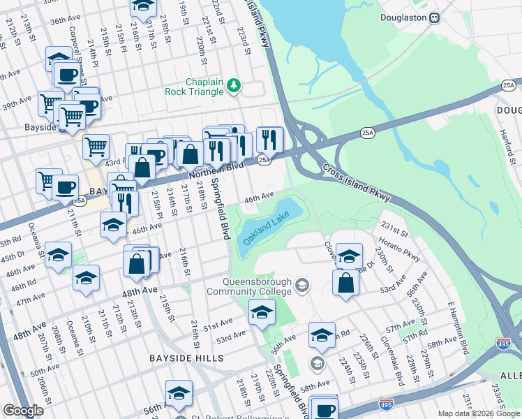 map of restaurants, bars, coffee shops, grocery stores, and more near 46-19 220th Place in Queens