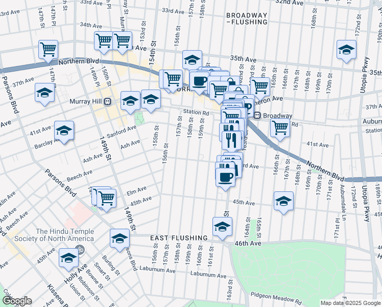 map of restaurants, bars, coffee shops, grocery stores, and more near 42-49 158th Street in Queens